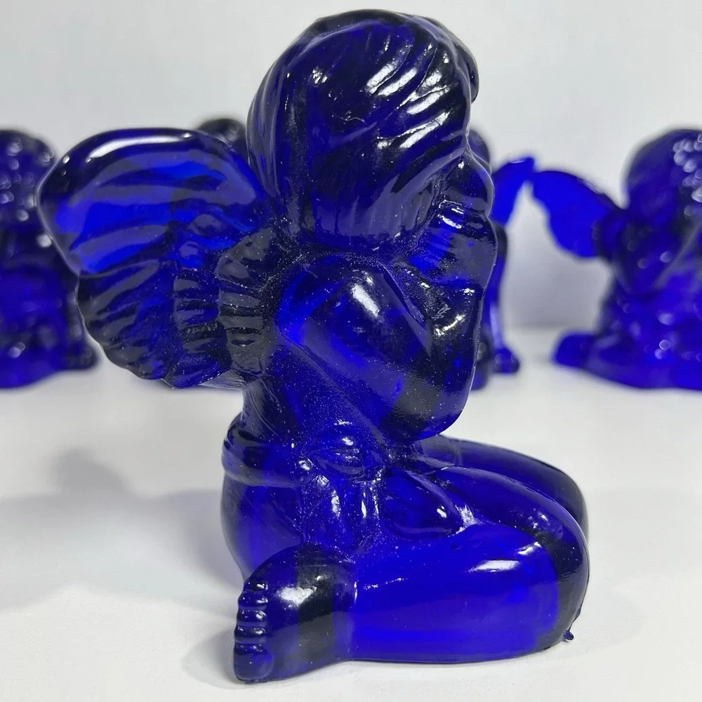 Vintage Cobalt Blue Glass Sitting Cherub Taper Candlestick Holders Set of 6